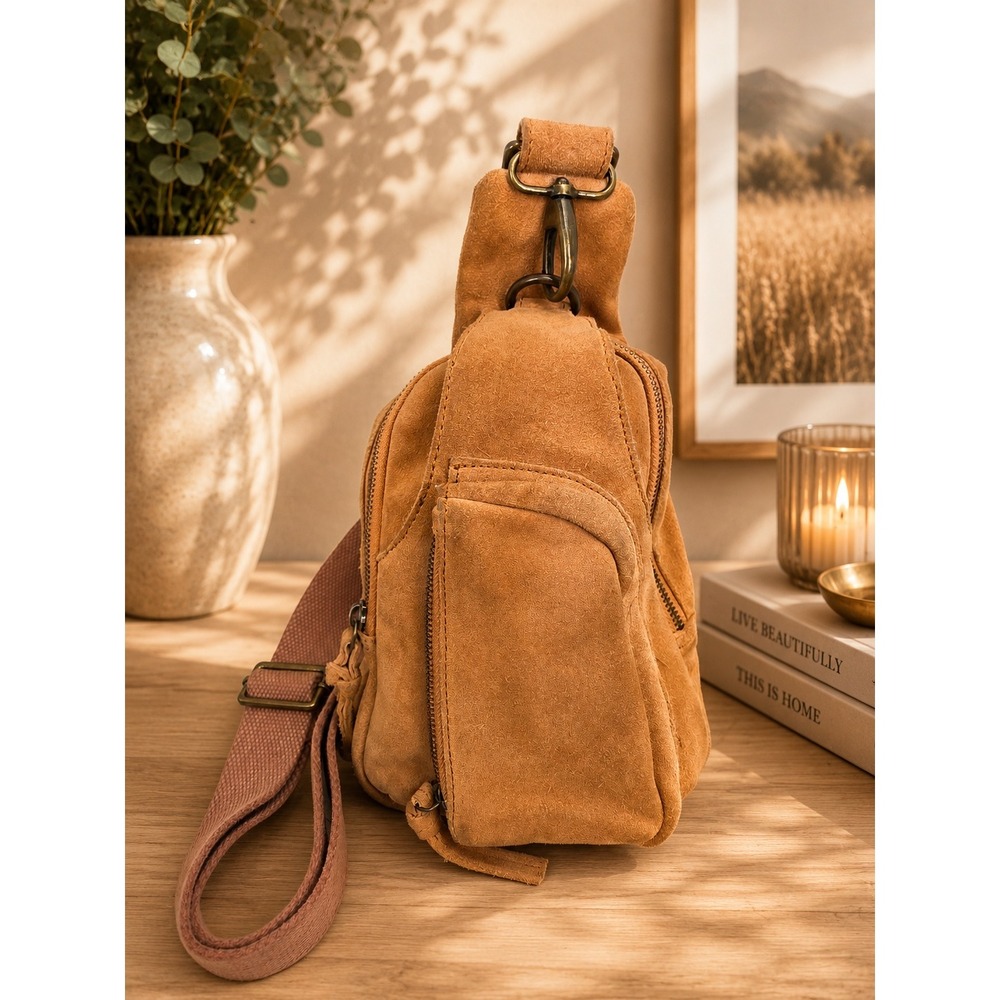 Free People Hudson Suede Sling Bag Tan Camel Crossbody Backpack OB1029285